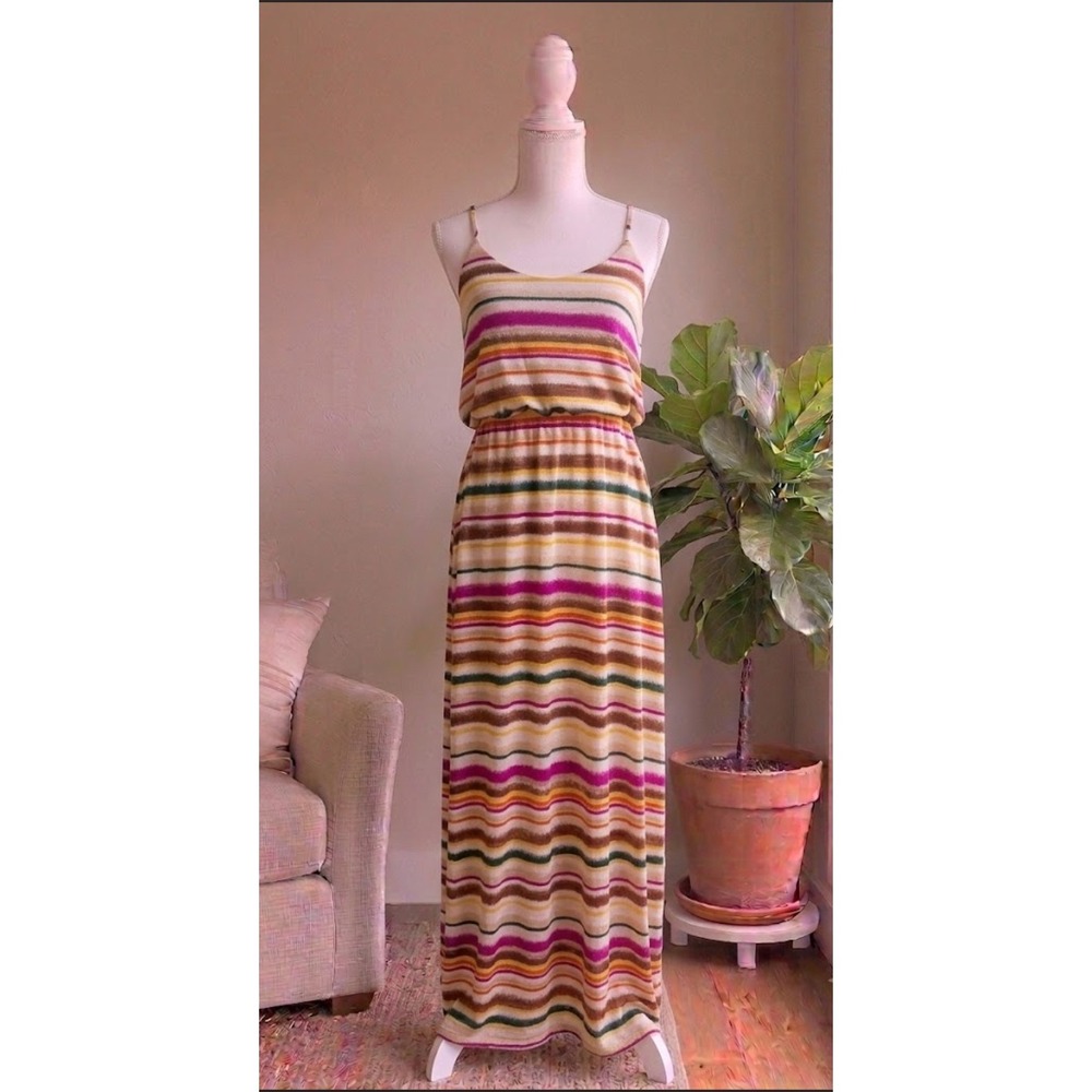 American Rag Cie Maxi Dress Small Multi Color Striped Boho Blouson Summer Beach